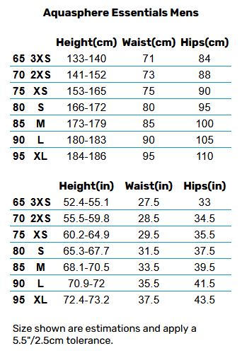 2025 Aquasphere Mens Essentials 0 Größentabelle